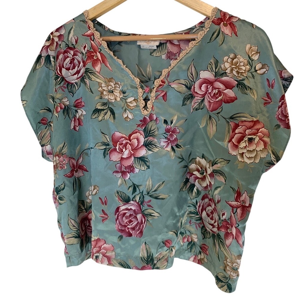 Inner Most Floral Lace Trim Satin Top Medium Cottagecore Vintage Womens